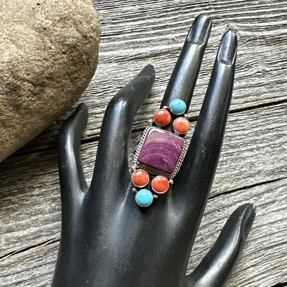 Navajo Sterling Silver Multi Stone Spiny Oyster Turquoise Ring Size 7.5 D Wylie - Picture 9 of 12